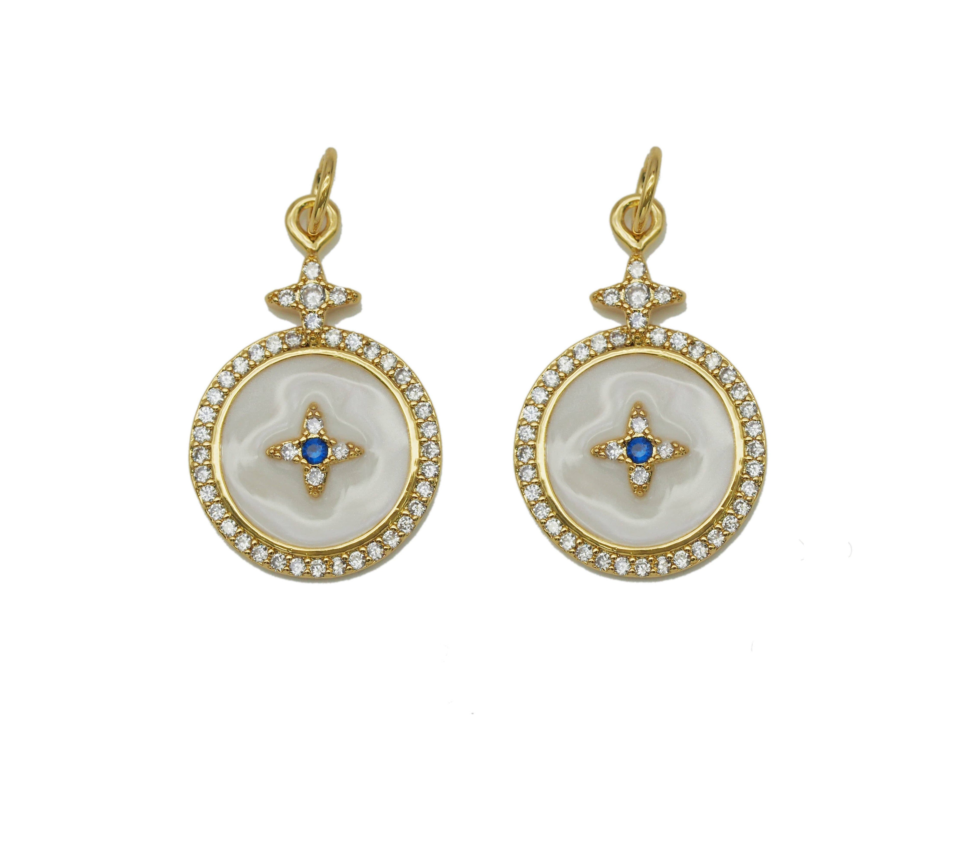 CZ Enamel North Star On Round Coin Charm, Sku#Y689