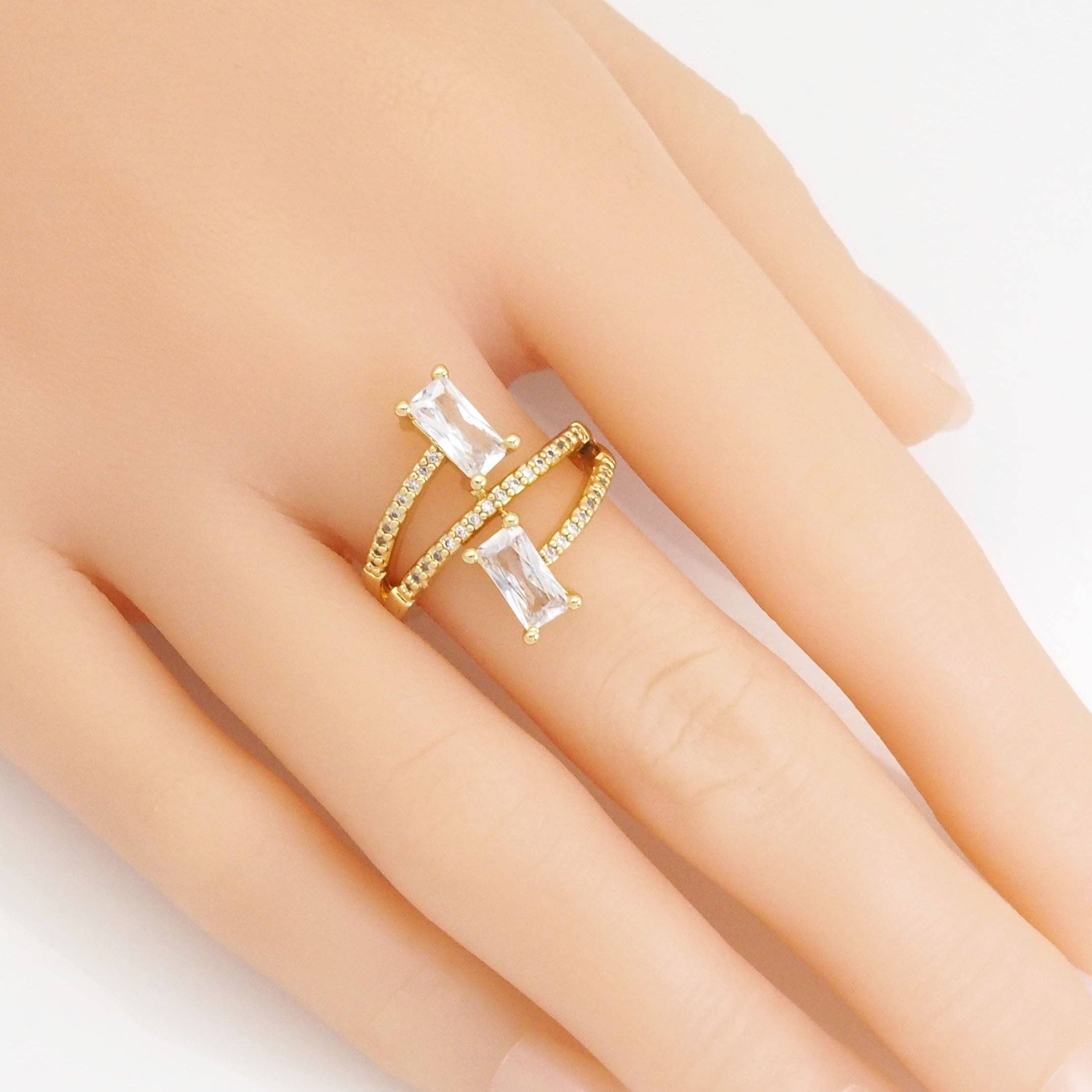 CZ Gold Silver Rectangle CZ Adjustable Ring, Sku#A146