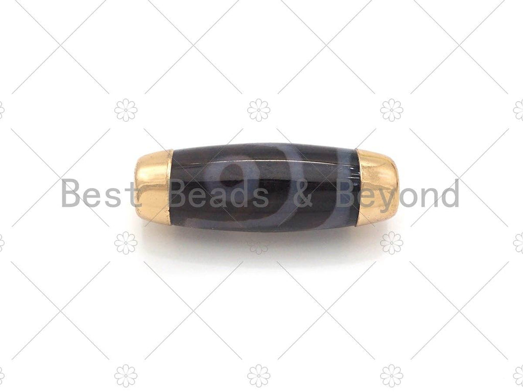 16x39mm Large Natural Tibetan Agate with Gold Finish Barrel Shape Spacer Beads, Oval Tibetan Agate Beads, sku#U947