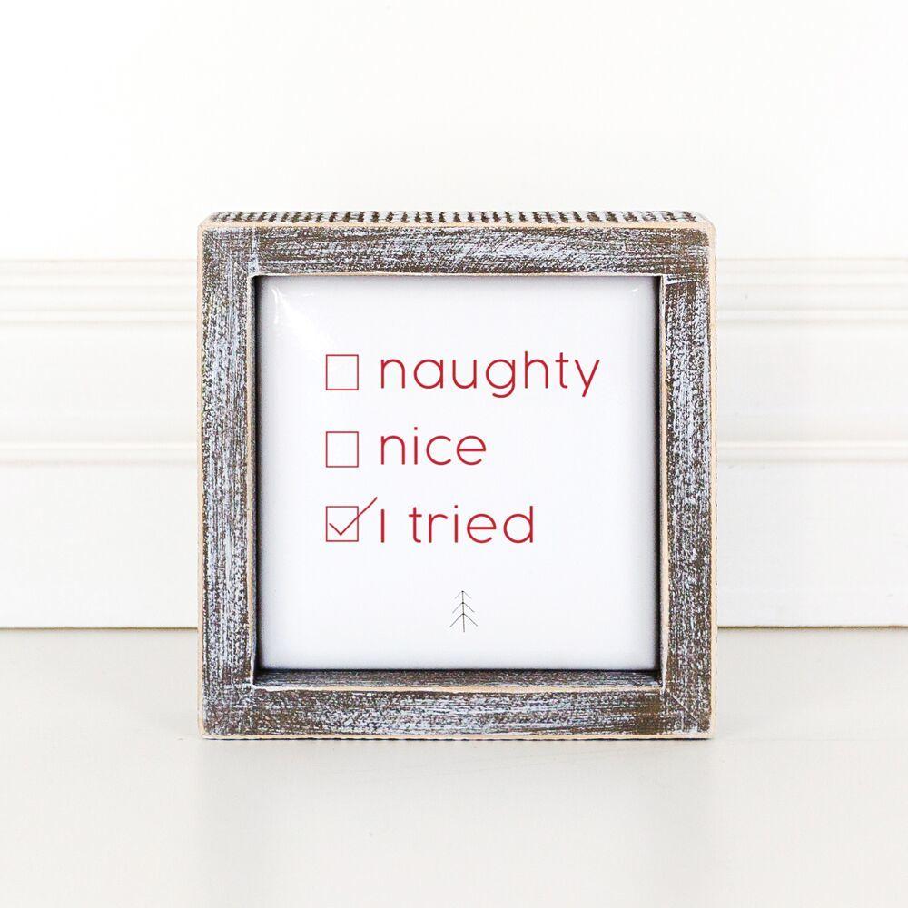 Naughty Nice I Tried 5in Wood Embossed Christmas Sign Holiday Decor