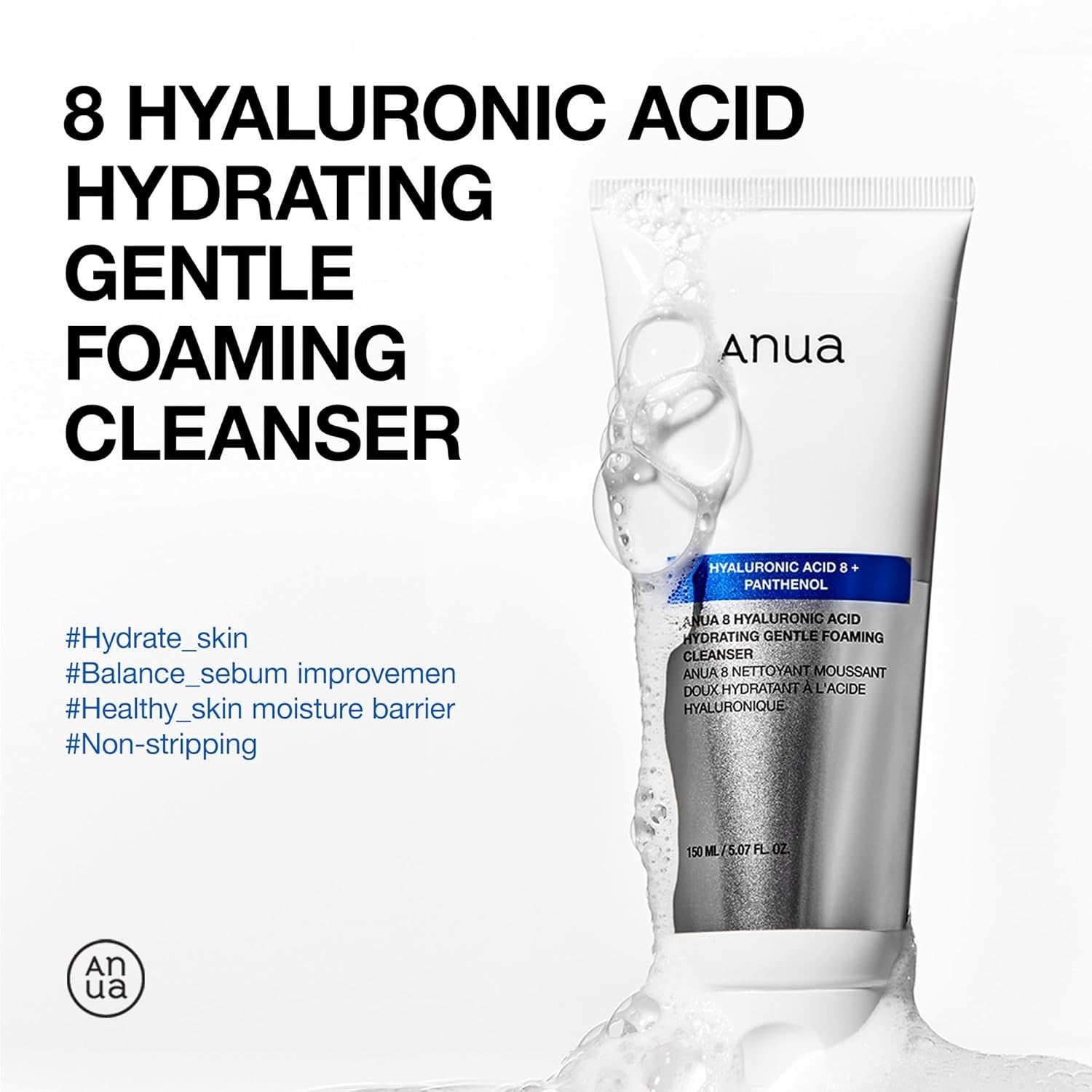 Anua Hydrating Gentle Foaming Cleanser, Hyaluronic Acid, Glycerin, Zinc, Panthenol, Korean Face Wash for Dry Skin, for Double Cleansing, Korean Skincare (150Ml/5.07Fl Oz.)