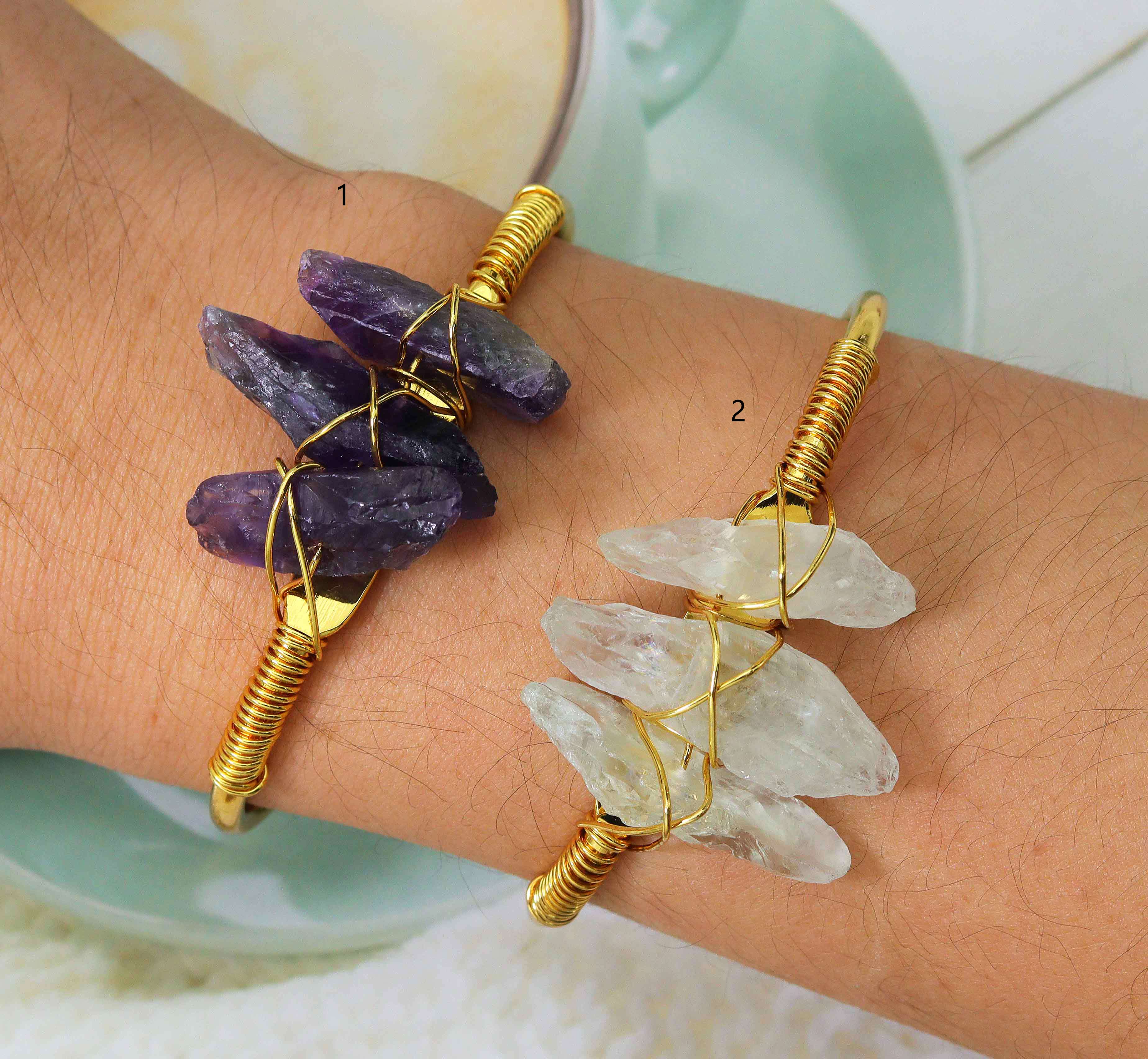 Amethyst Quartz Wire Wrapped Gold Cuff Bracelet, sku#LY05