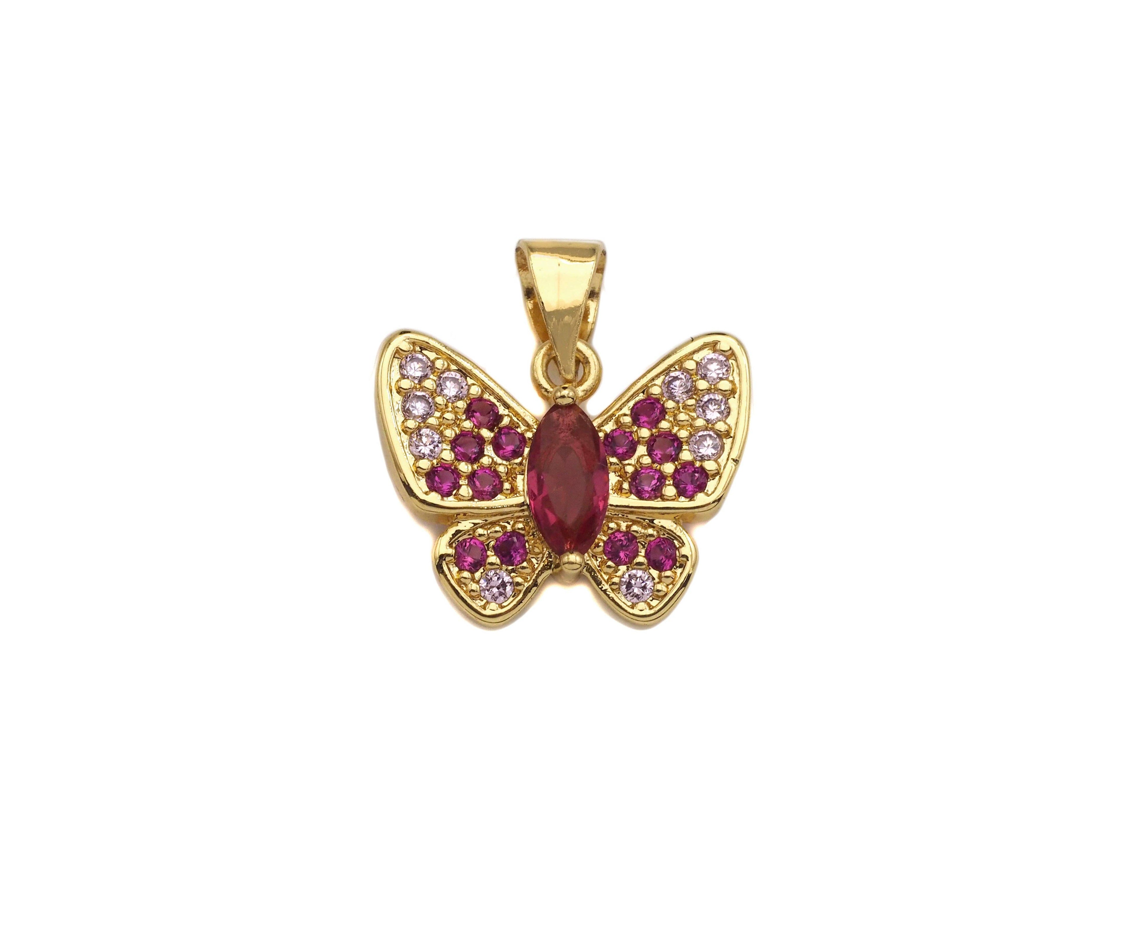 Gold Fuchsia CZ Butterfly Shape Charm, Sku#LK76