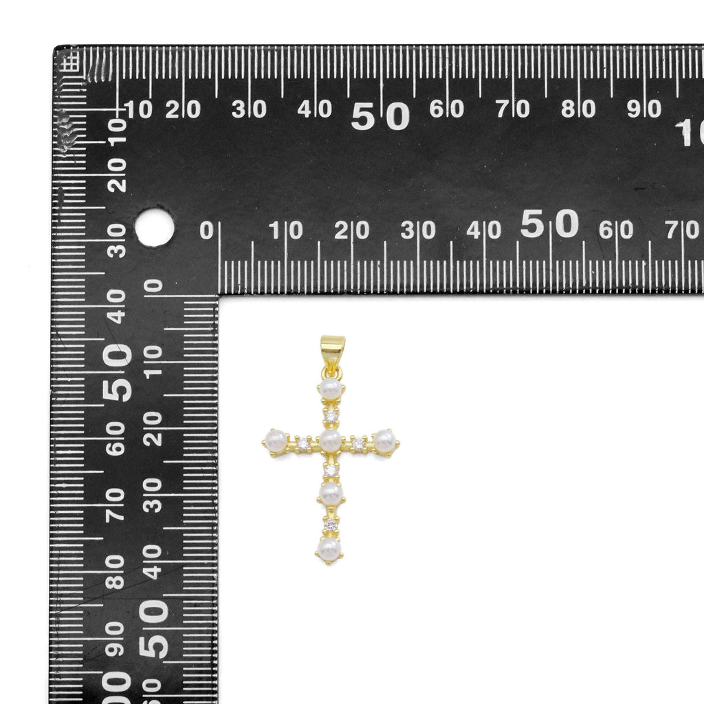 CZ Gold White Pearl Cross Charm, Sku#Z1478
