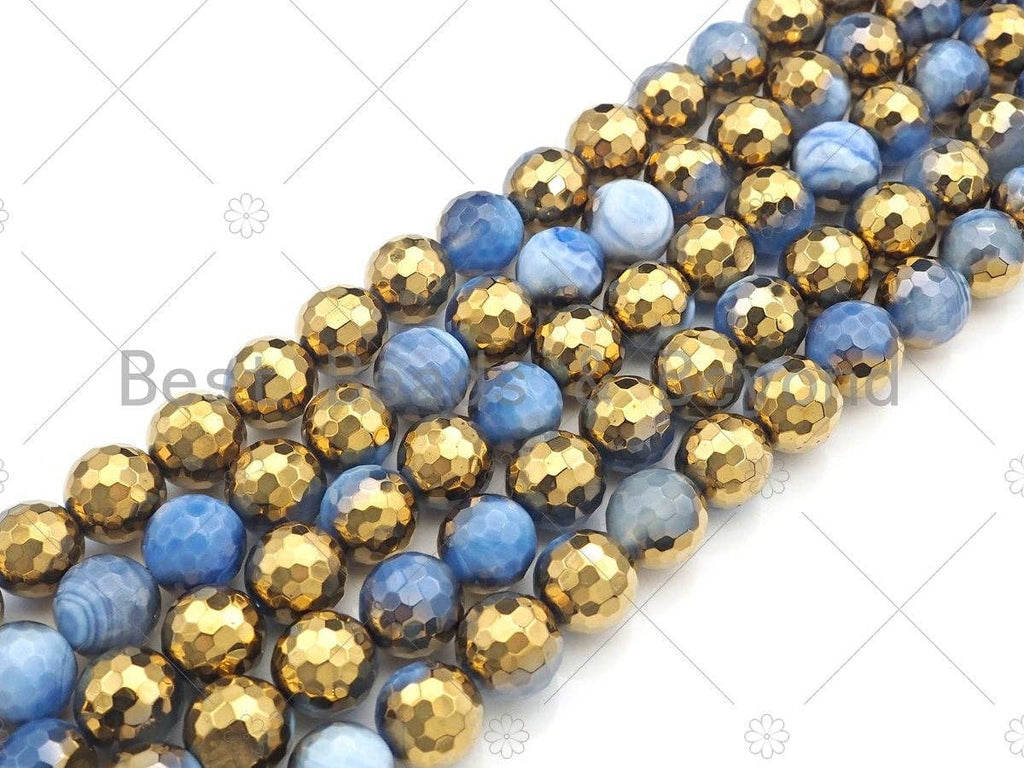 Half Gold Plated Blue Agate Beads, 8mm/10mm/12mm Round Faceted Gold Light Blue Beads, 15.5 Full Strand, sku# UA140