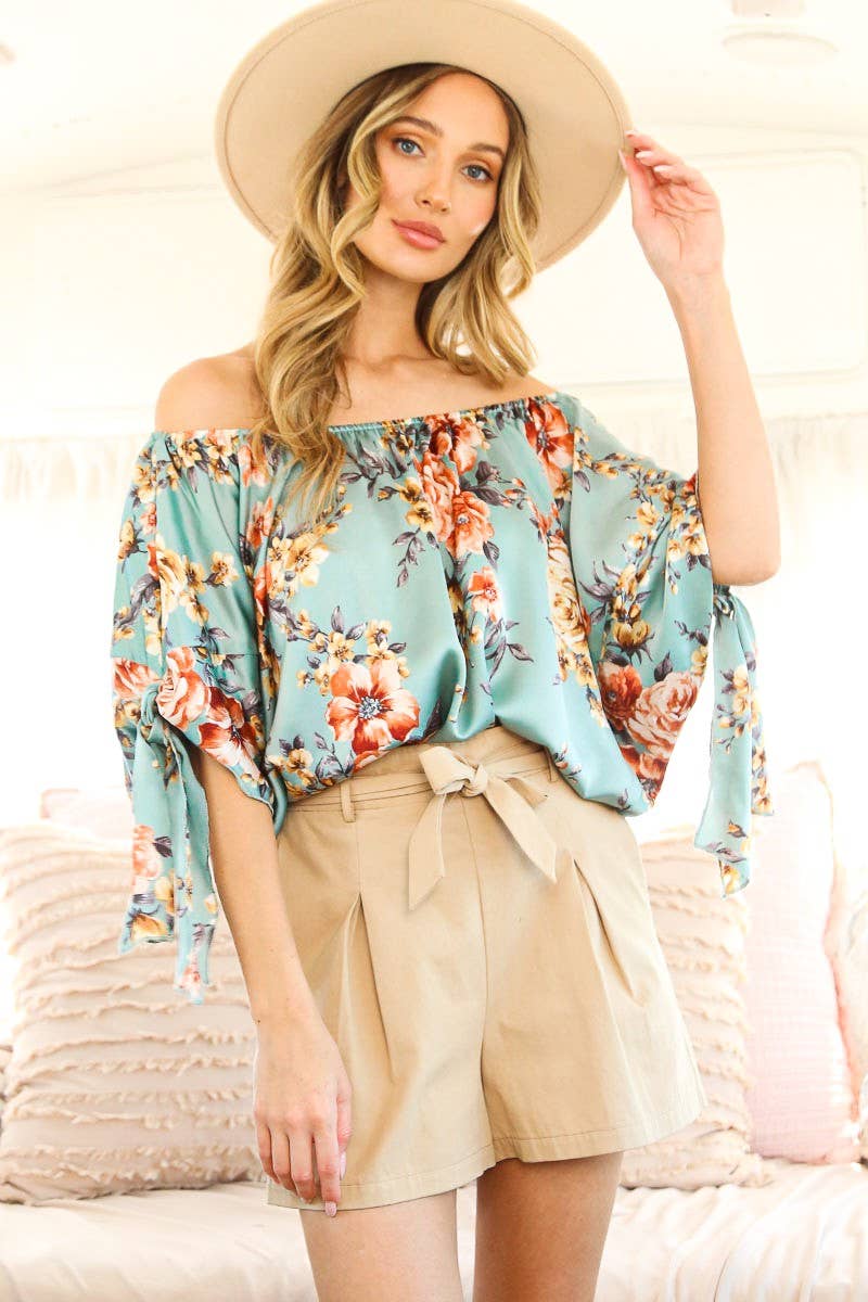 NATASHA - Floral Off The Shoulder Satin Blouse Top