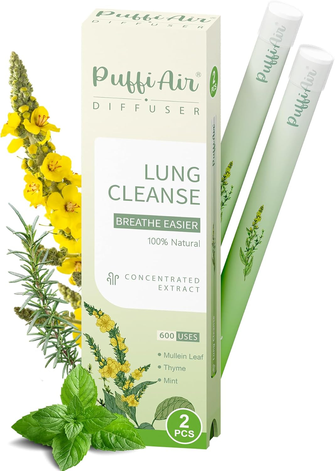 Herbal Diffuser Pen, Detox Diffuser with Mullein, Thyme & Mint for Better Breathing, All Natural Swap - up to 600 Uses (Varies by Usage), 2 Diffusers, 1 Pack