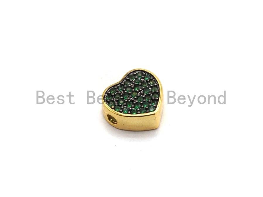 9x4mm Colored CZ Micro Pave Heart Shape Spacer Beads, Fuchsia/Turquoise/Cobalt/Black/Green CZ Gold Plated Beads, Bracelet Beads,sku#E448