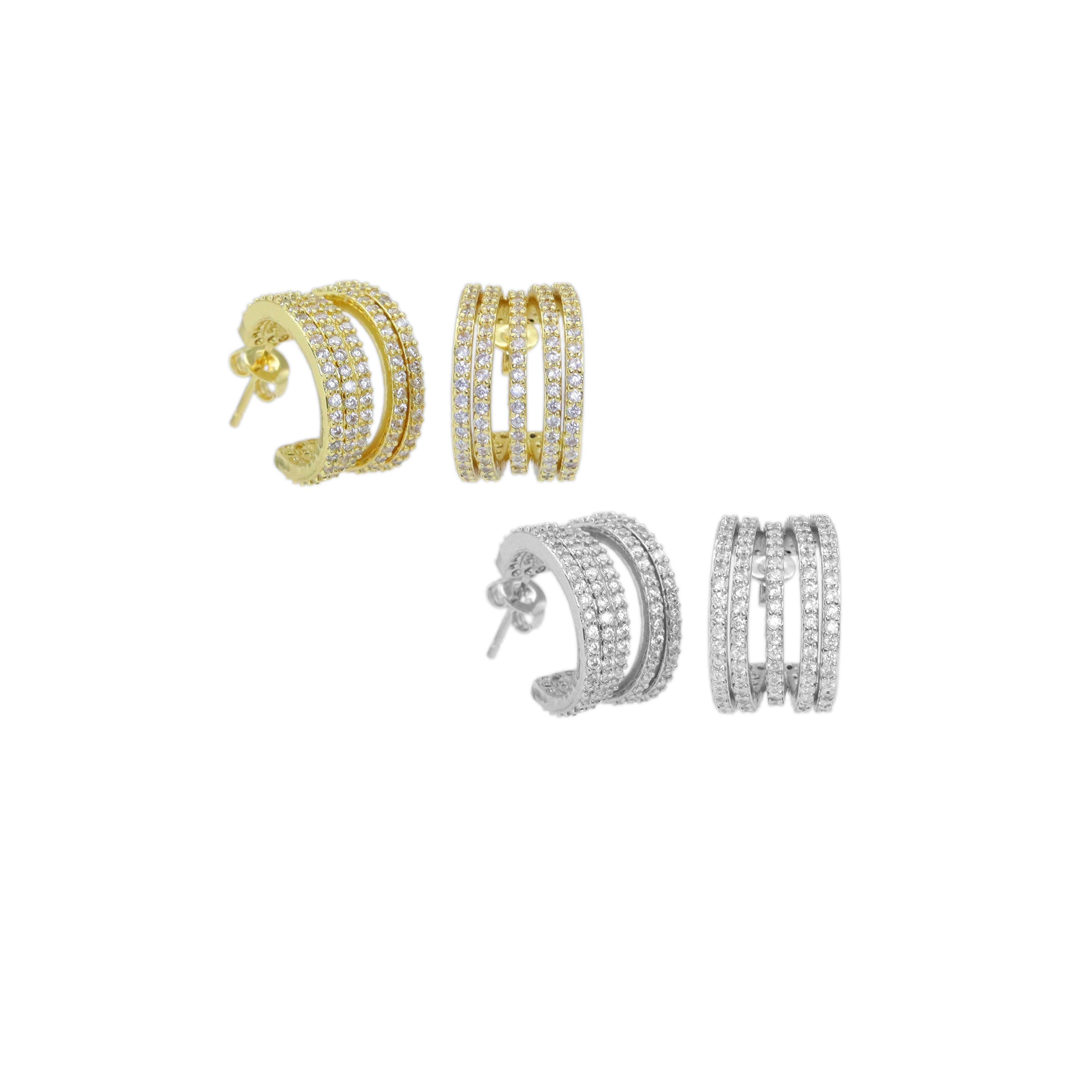 Gold Clear CZ Multiline Huggie Earrings, Sku#A226