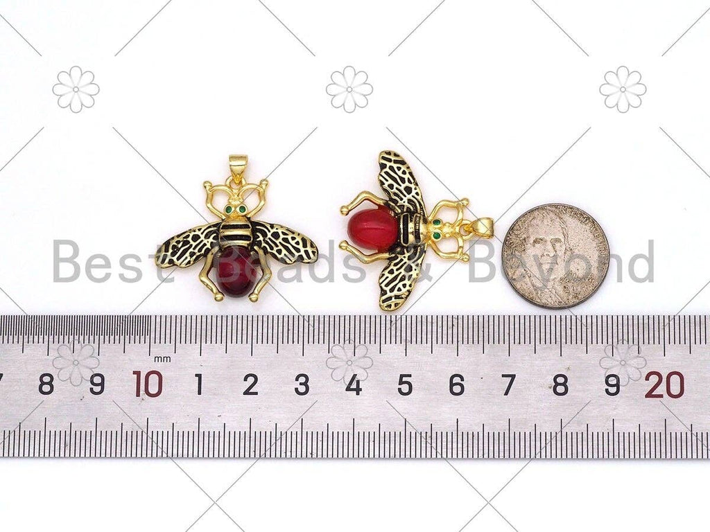 Colorful Glass Bee Shape with Green CZ Eye Pendant, 18K Gold Filled Bee Charm, Necklace Bracelet Charm Pendant, 32x27mm, Sku#F178