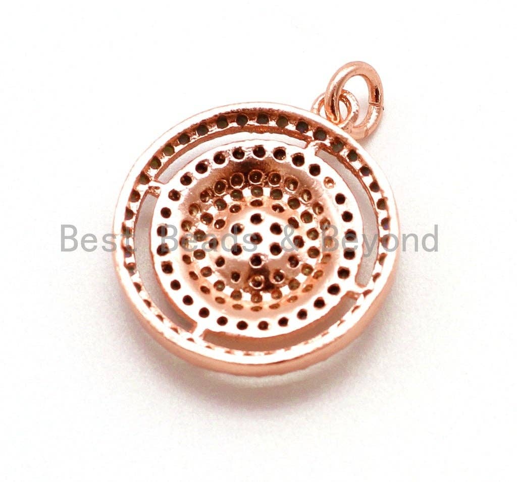 CZ Micro Pave 18x23mm Round Charm/Pendent, Turquoise Blue Cubic Zirconia Pave Pendant in Rose Gold/Silver/Gold/Black Finish, sku#F33