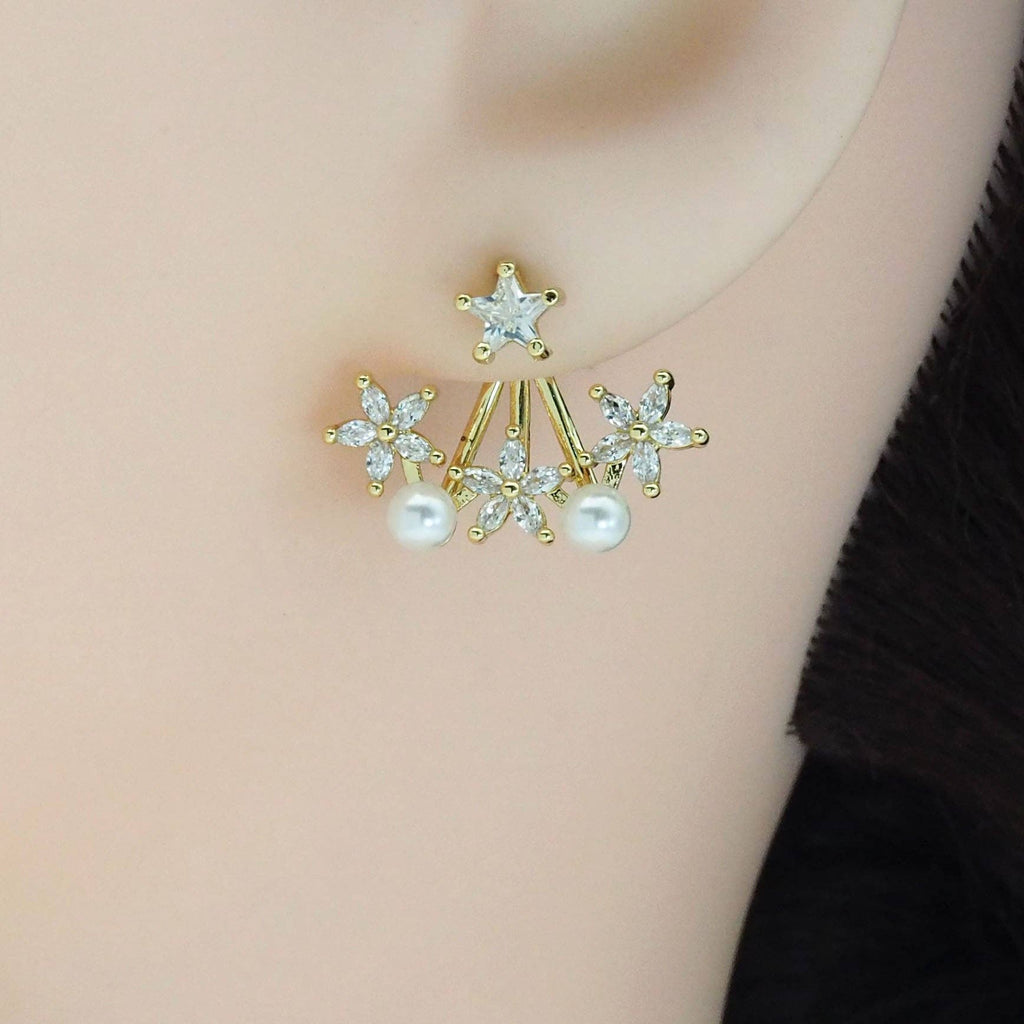 White Pearl Flower Celebration Stud Earrings, Sku#LD479