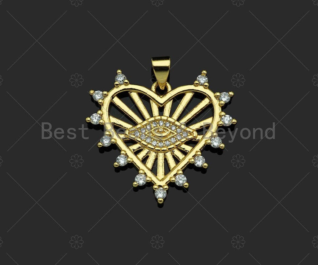 Gold Filled CZ Micro Pave Evil Eye On Heart Shape Pendant, 18K Gold Filled Heart Charm, Necklace Bracelet Charm Pendant, 27x24mm,Sku#LD93
