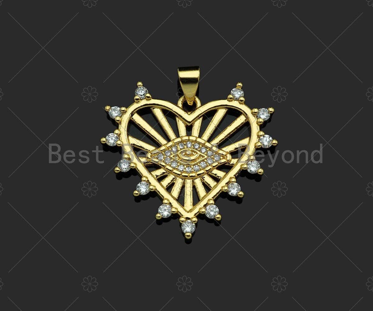 Gold Filled CZ Micro Pave Evil Eye On Heart Shape Pendant, 18K Gold Filled Heart Charm, Necklace Bracelet Charm Pendant, 27x24mm,Sku#LD93
