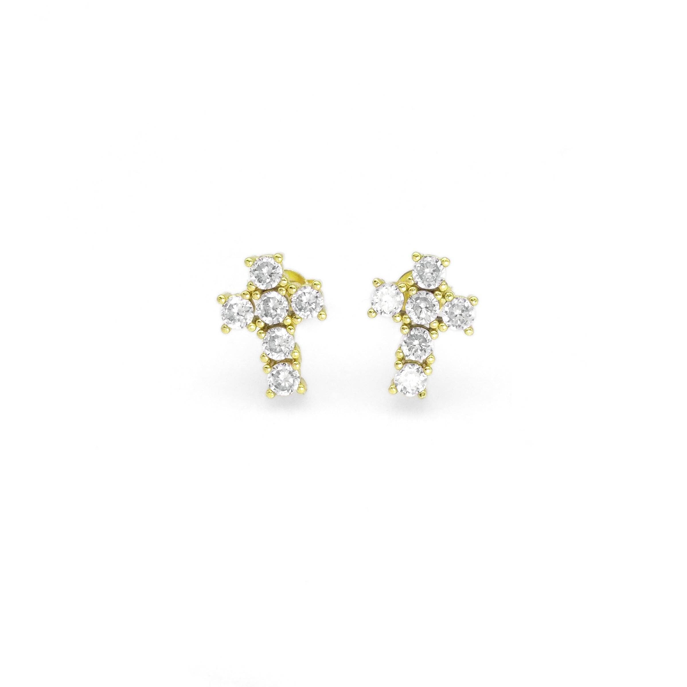Gold CZ Cross Shape Stud Earrings, Sku#B365