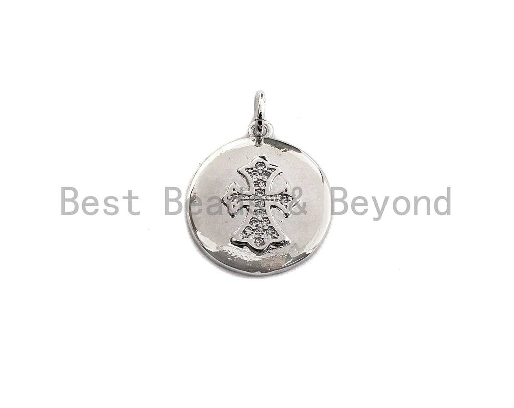 CZ Micro Pave Cross Coin Pendant,Jesus Cubic Zirconia Pendant,Silver/Gold/Rose Gold/Black Tone,16x18mm,Sku#Z428