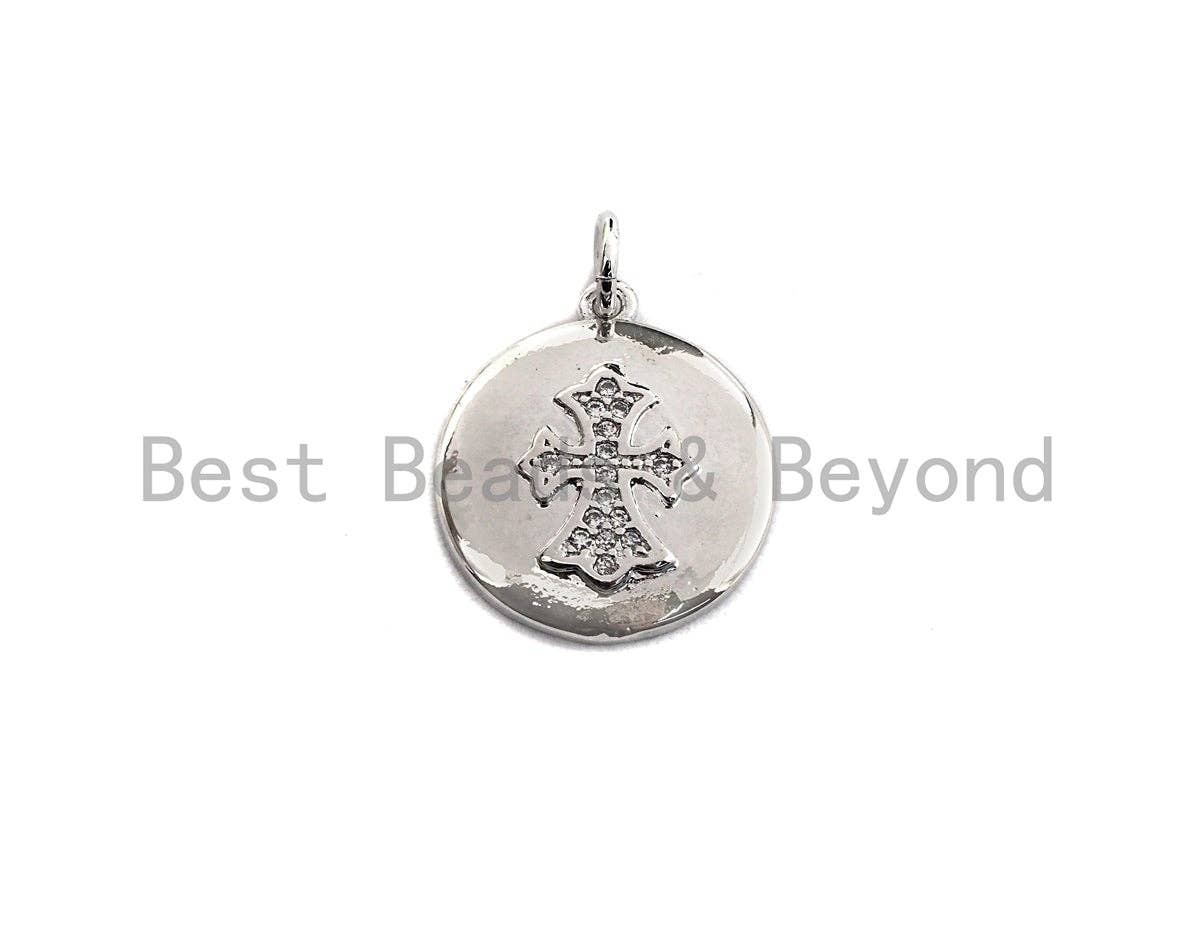 CZ Micro Pave Cross Coin Pendant,Jesus Cubic Zirconia Pendant,Silver/Gold/Rose Gold/Black Tone,16x18mm,Sku#Z428