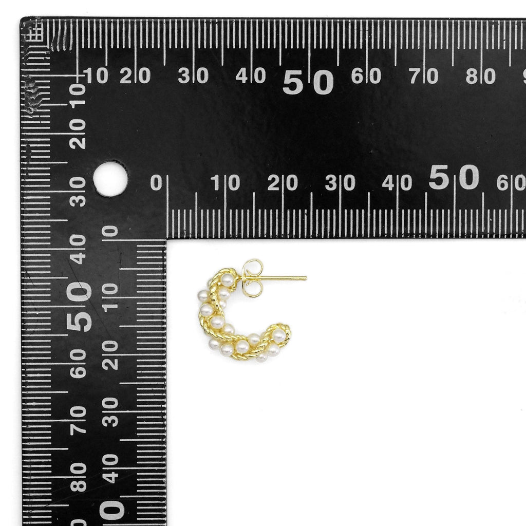 Gold Twisted White Pearl C Hoop Earrings, Sku#LX394
