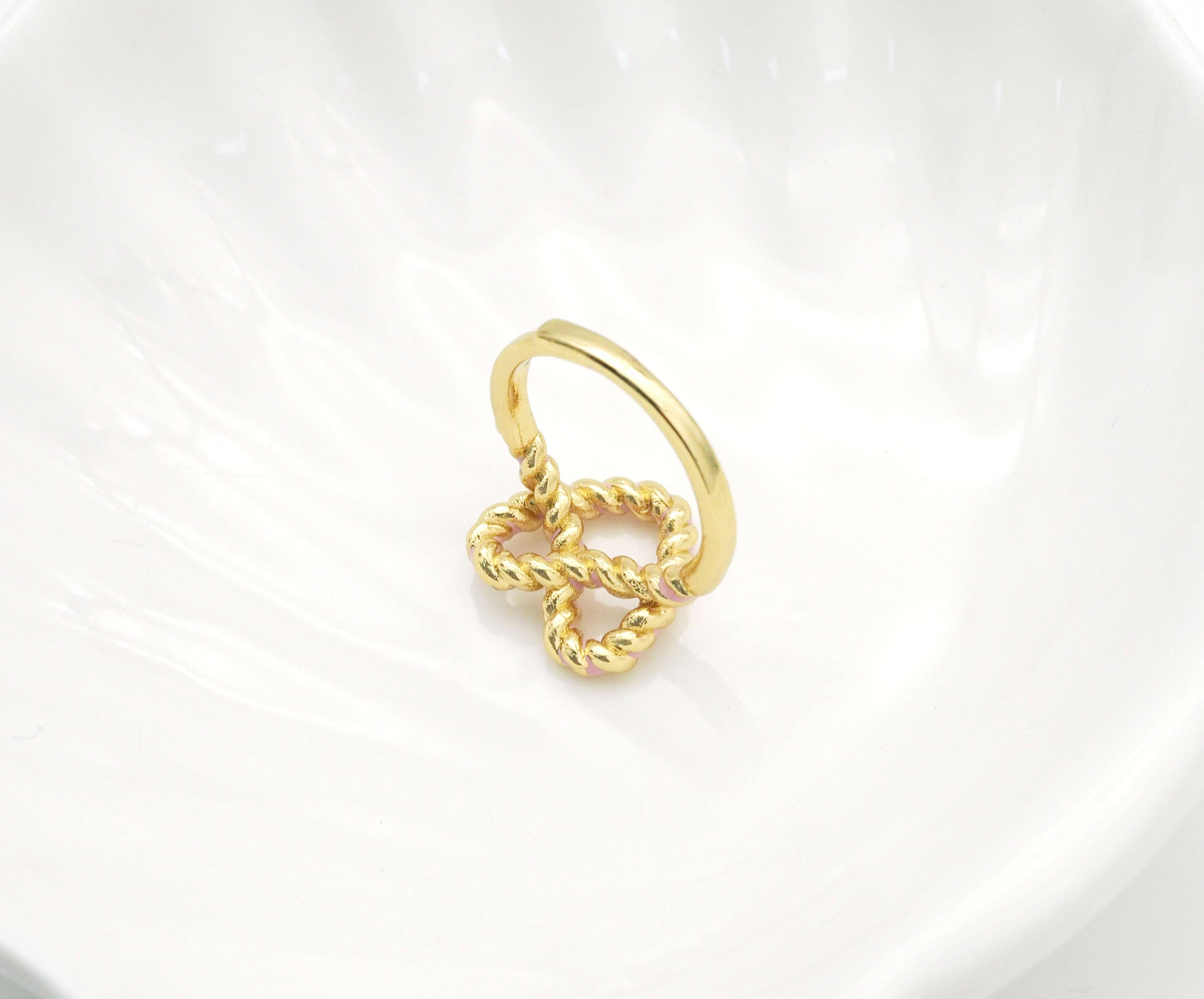 Gold Enamel Pink Twist Heart Adjustable Ring, Sku#B338