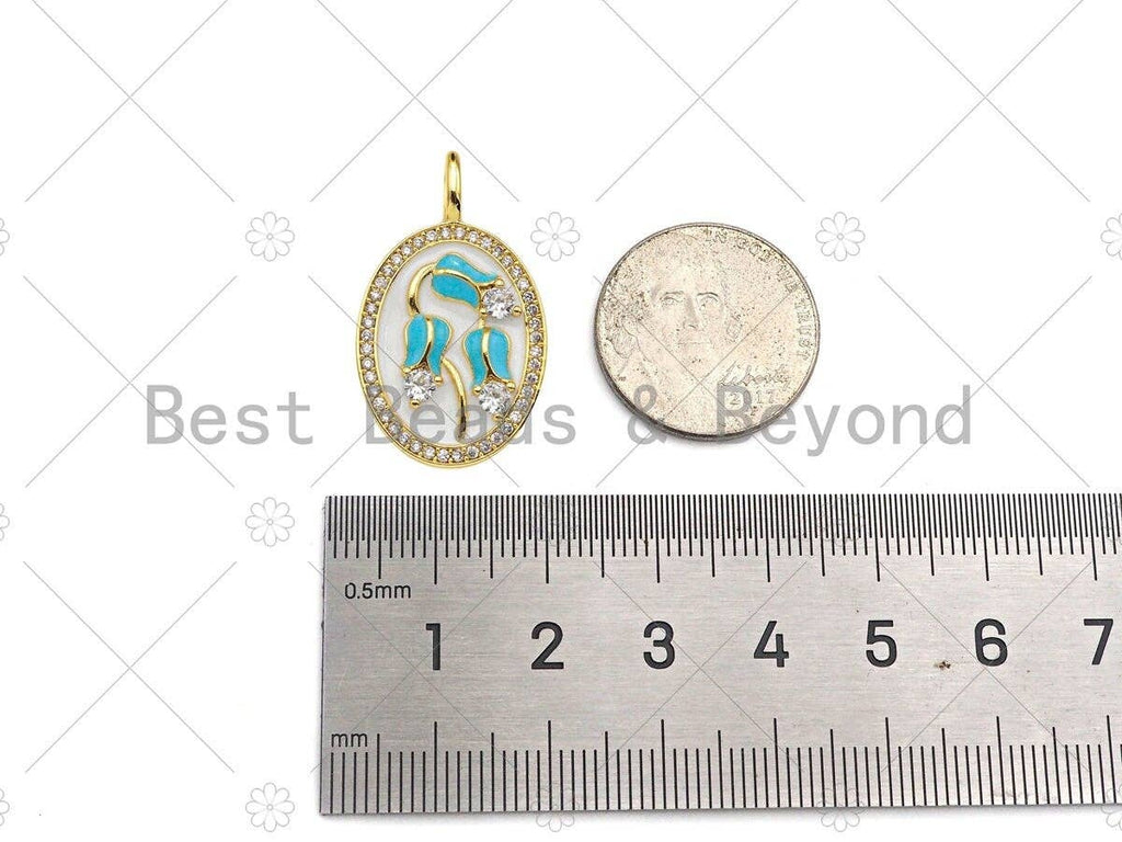 Turquiose Blue Enamel Flower On White Enamel Oval Shape Pendant, 18K Gold Filled Enamel Oval Charm,19x30mm,Sku#Z1376
