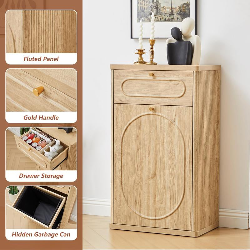 Giratree Tilt Out Trash Can Cabinet, Wood Kitchen Garbage Bin with Drawer, Fluted 10 Gallon Laundry Hamper Cabinet, Farmhouse Hidden Trash Can for Kitchen, Living Room