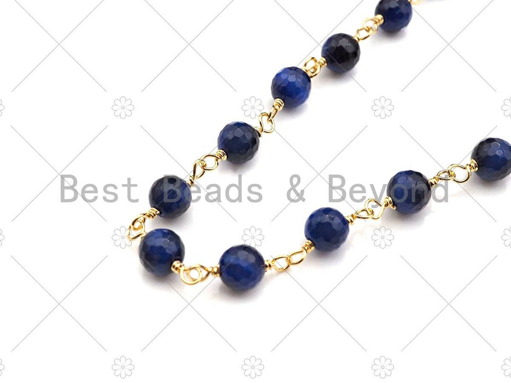 Mystic Blue Agate Faceted Navy Blue Tiger Eye Rosary Chain, 6mm Beaded Chain, Wire Wrapped Gold Chain,Sku#V91