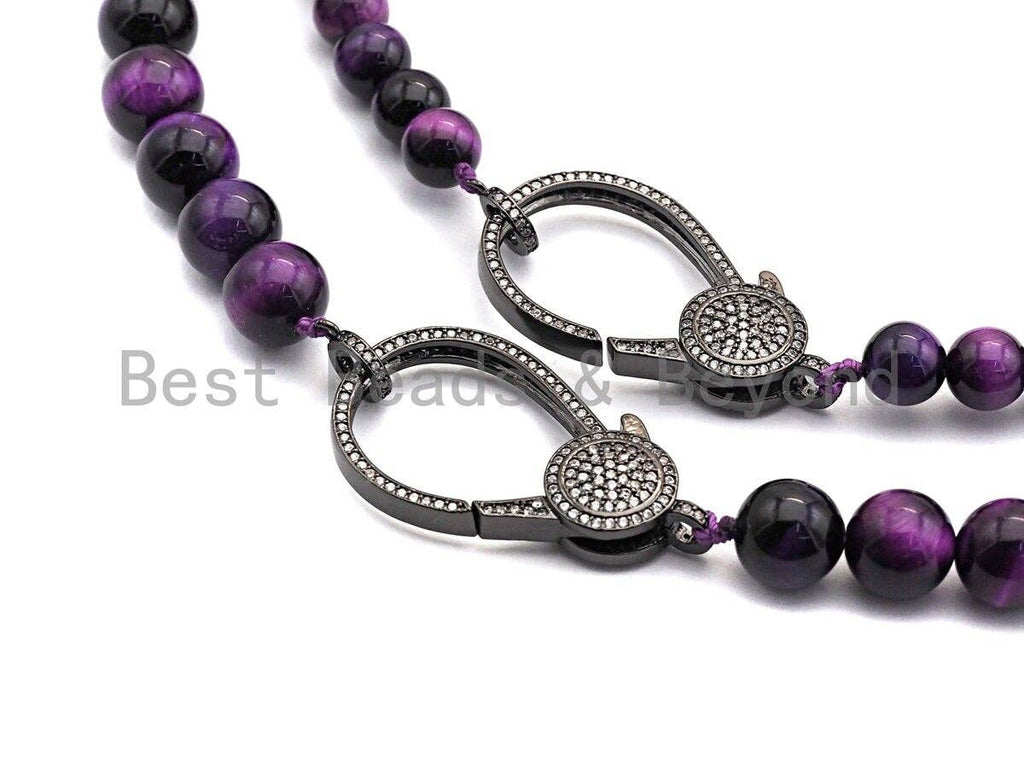 Purple Tiger Eye Attachment Necklace with Large CZ Pave Gunmetal clasp, 16/18 long, sku#D38