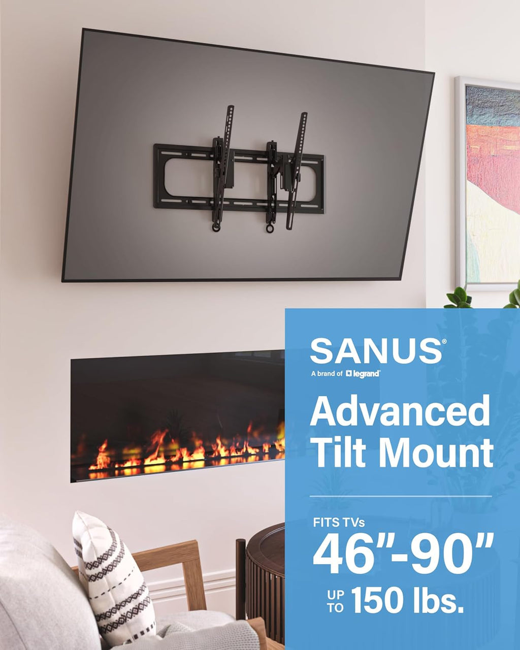 SANUS Preferred Extendable Tilt TV Wall Mount for 42 to 90 Inch Screens up to 150Lbs - 5.7” Extension Provides Max 12 Deg Tilt to Reduce Glare - Easy DIY Install W/Included Hardware - SLT4-B1