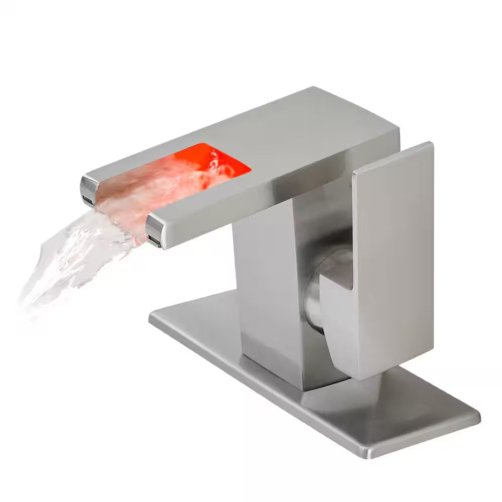 Single Handle Single Hole LED Bathroom Faucet with Deckplate Included Waterfall Bathroom Sink Faucets in Brushed Nickel