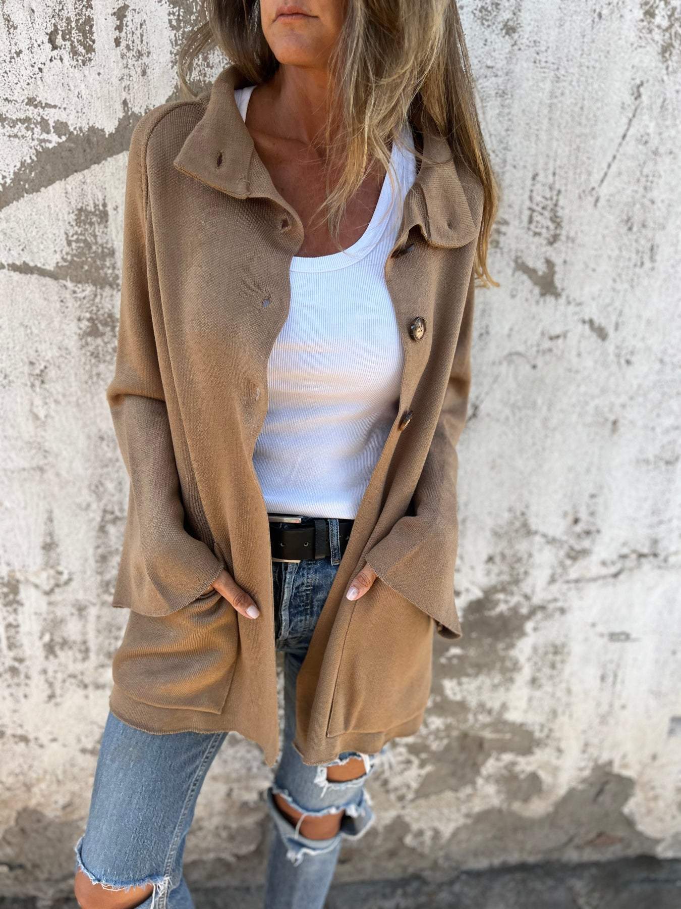 Ins Single Breasted Lapel Knitted Coat Fashion Pocket Long Sleeve Cardigan  Jacket Women's Clothing