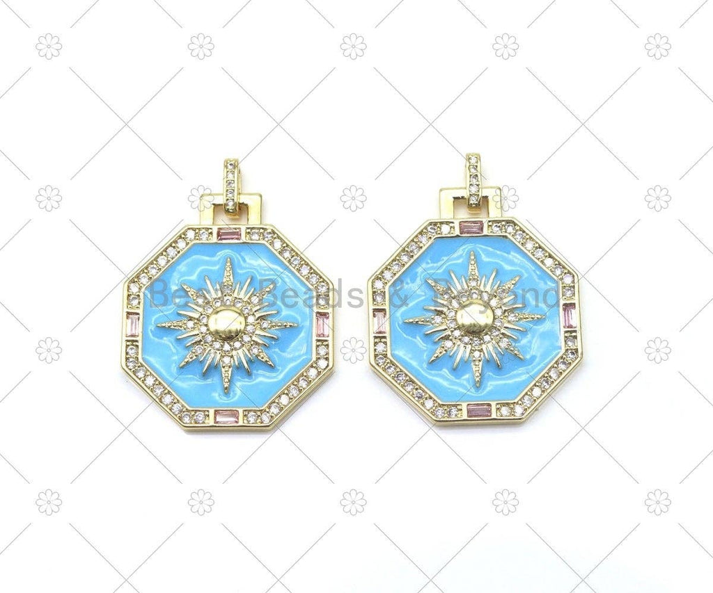 CZ Micro Pave Sun on Blue Enamel Octagon Shape Pendant, 18K Gold Filled Sunburst Charm, Necklace Bracelet Charm Pendant,Sku#Y548