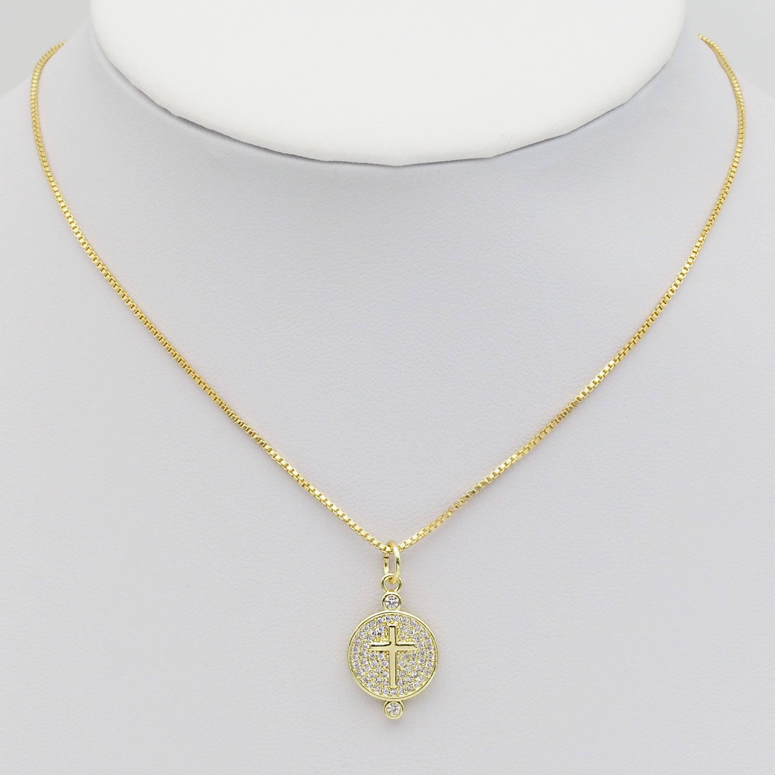 Clear CZ Gold Sun Cross Bee On Round Coin Charm, Sku#LX252