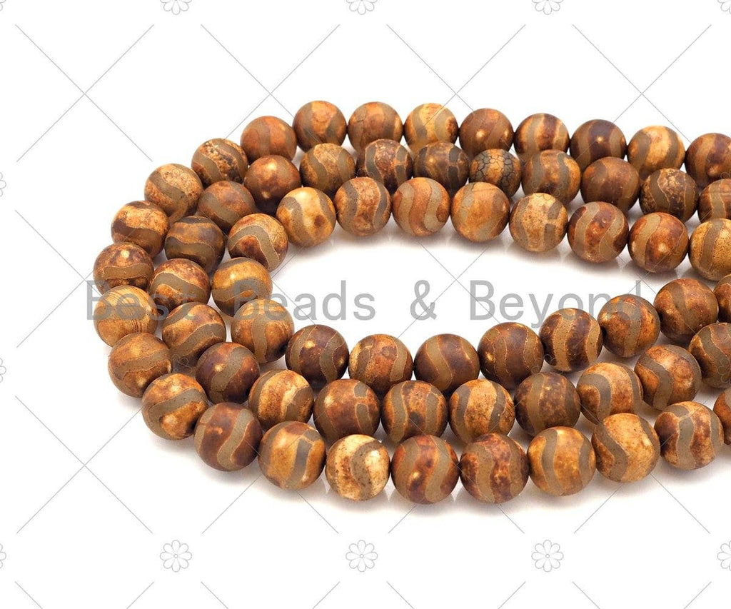 Natural Tibetan Brown Double Wavy Line Agate  Beads, Dzi Eye Agate Beads, 6mm/8mm/10mm Round Smooth Agate,15.5" Full Strand, Sku#U1105