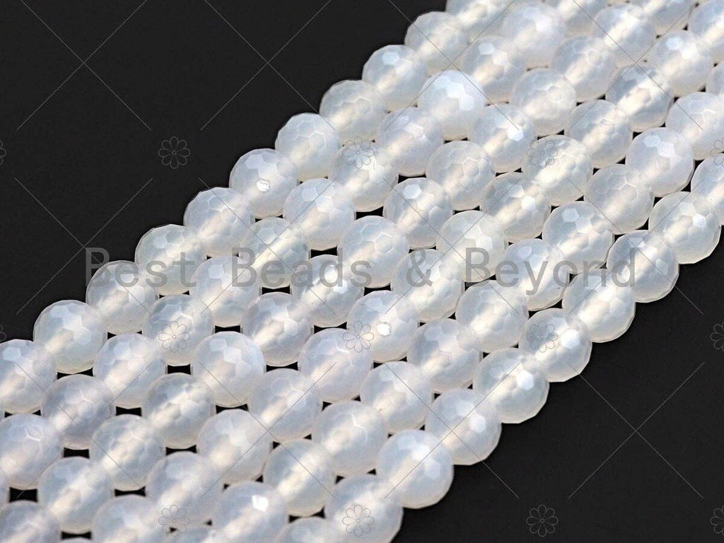 High Quality Natural Milky White Agate Beads, Round Faceted 6mm/8mm/10mm/12mm White Agate Beads, 15.5" Full Strand, Sku#U569