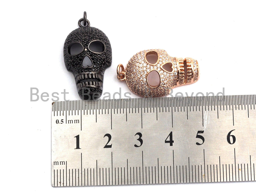 CZ Clear/Black Micro Pave Skull Pendant, CZ Pave Pendant, Gold/Rose Gold/Silver/Gunmetal plated,Halloween Pave, 9x16x28mm, Sku#F809