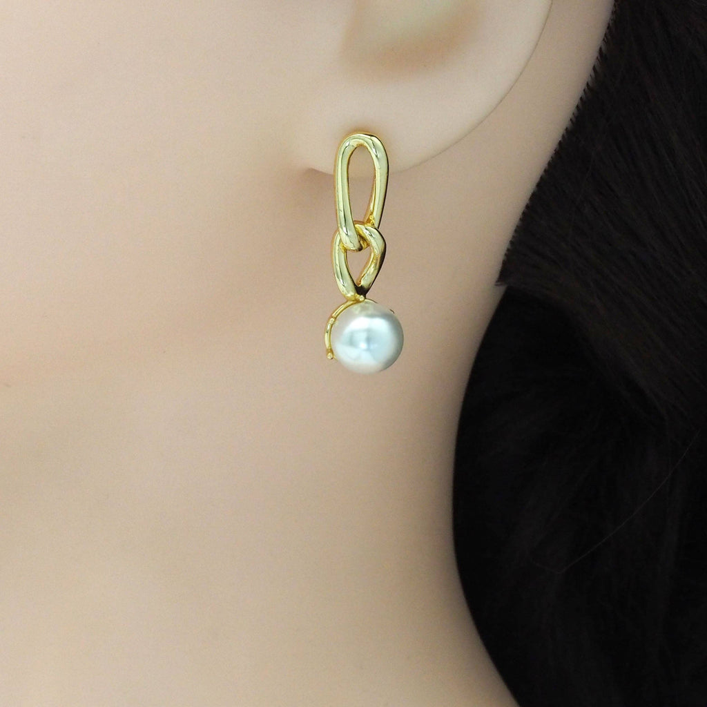 CZ Gold Link Chain White Pearl Stud Earrings, Sku#LD499