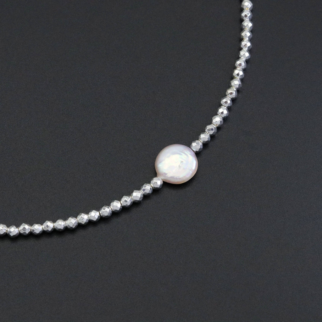 Gold Silver hematite with flat pearl necklace, sku#EF556