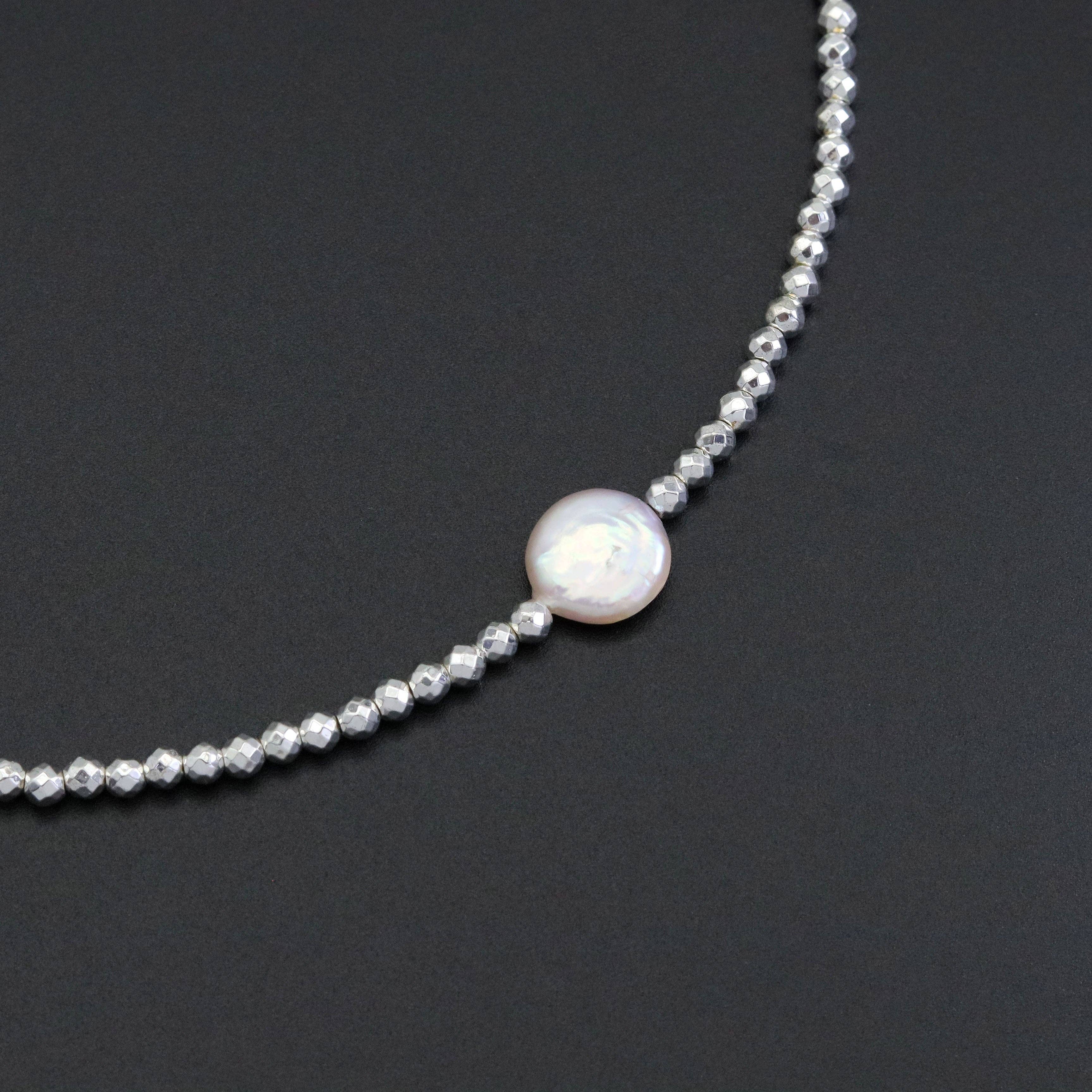 Gold Silver hematite with flat pearl necklace, sku#EF556