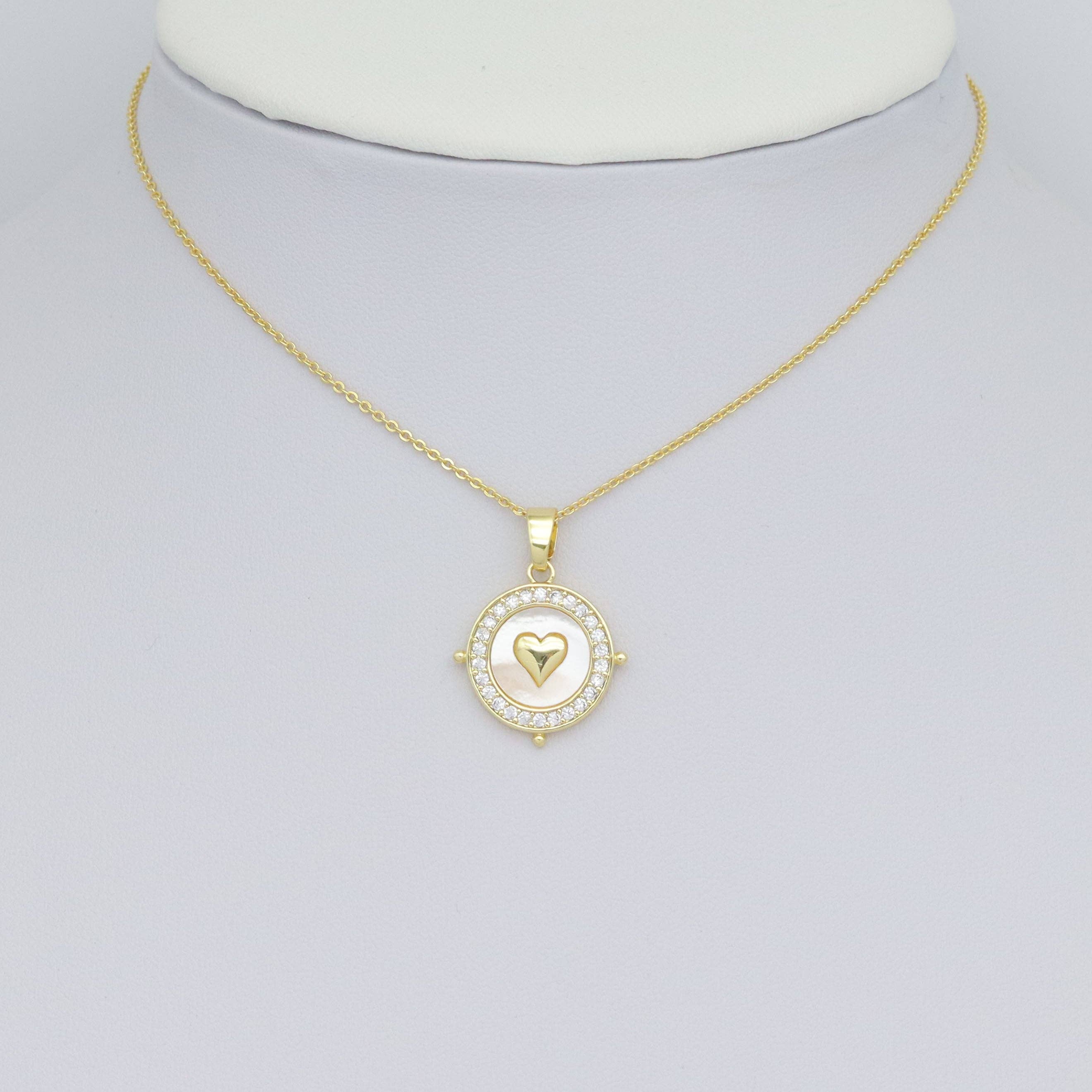 Clear CZ Around Gold Heart On Round Coin Charm Pendant, Sku#LX758