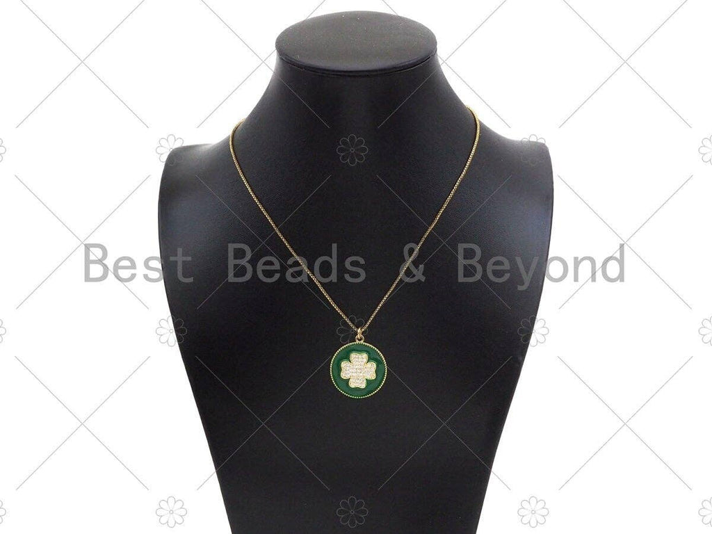 CZ Gold Clover On Green/Pink/Black/White/Red/Blue Enamel Round Coin Shape Pendant, 18K Gold Enamel Charm, Enamel Jewelry, 25x28mm,Sku#B131