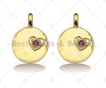 Fuchsia CZ Micro Pave Heart On Round Coin Shape Charm,18K Dianty Gold Medallion  Charm, Necklace Bracelet Charm Pendant,13x18mm, Sku#LK257