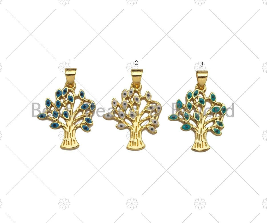 Enamel Evil Eye On Life Tree Shape Pendant, 18K Dainty Gold Charm, Necklace Bracelet Charm Pendant,19x22mm,Sku#JL32