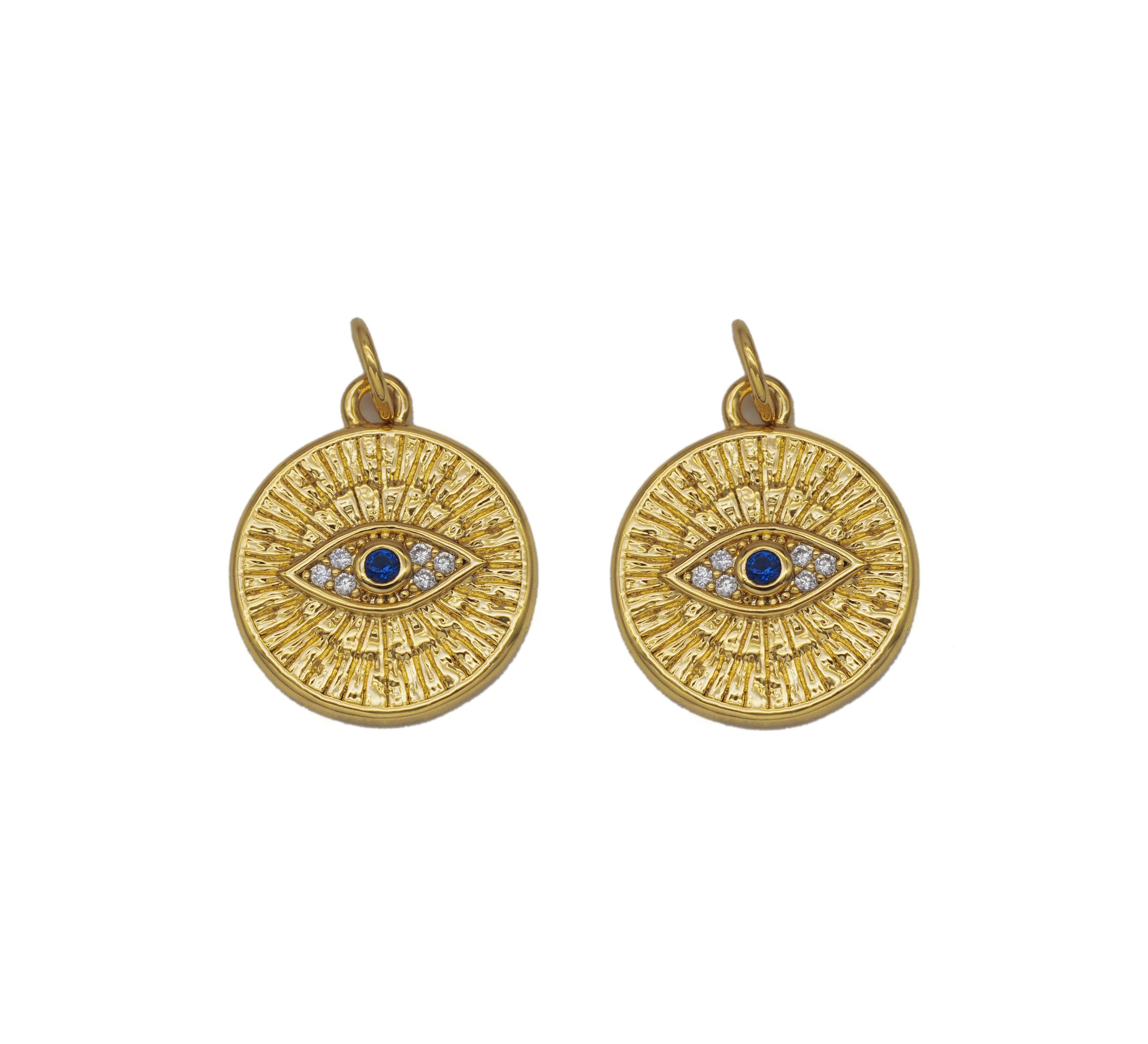 Blue CZ Evil Eye Round Coin Charm, Sku#Y742