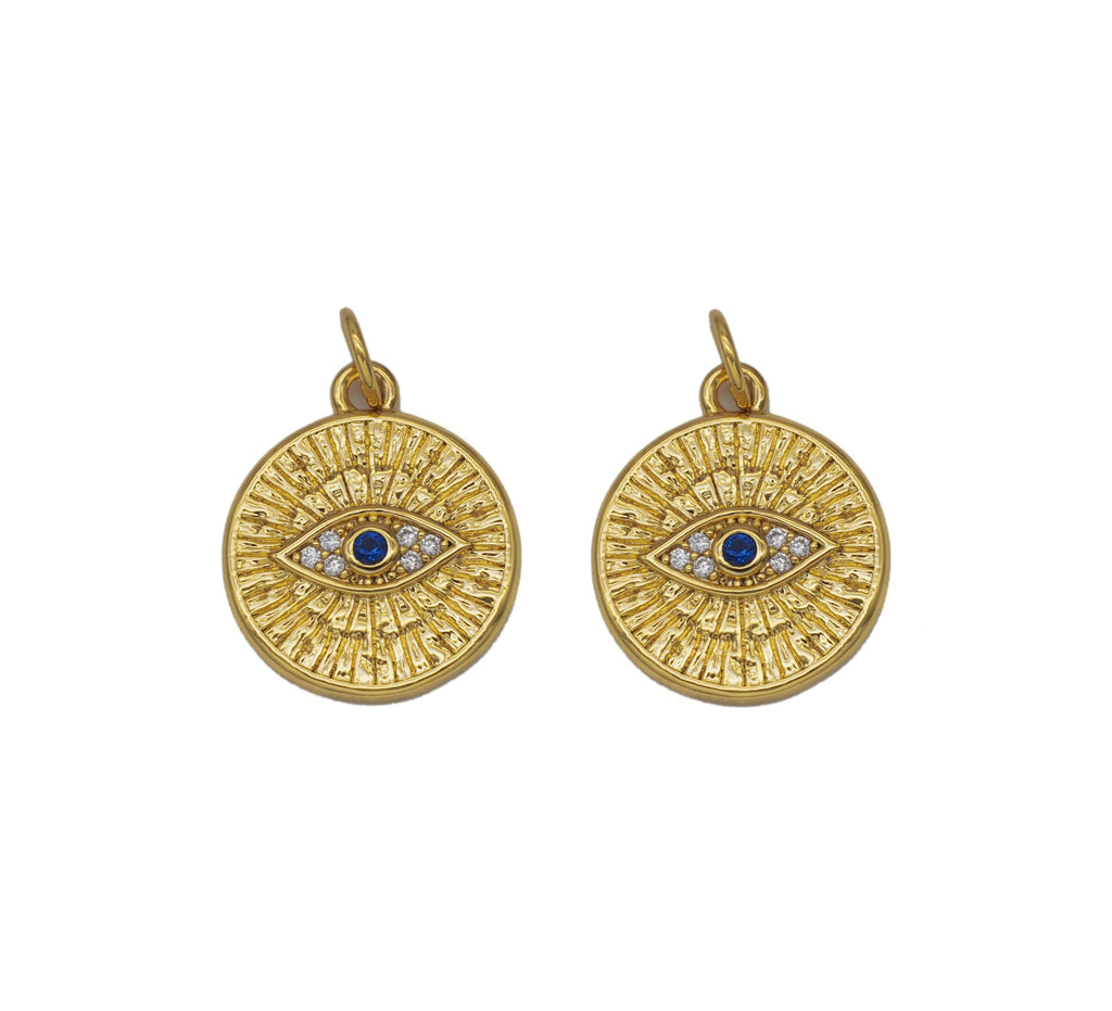 Blue CZ Evil Eye Round Coin Charm, Sku#Y742