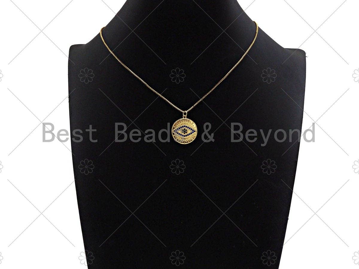 CZ Micro Pave Cobalt Blue Evil Eye On Round Coin Pendant/Charm,Cubic Zirconia Charm, Necklace Bracelet Charm Pendant,20x23mm, Sku#Y364