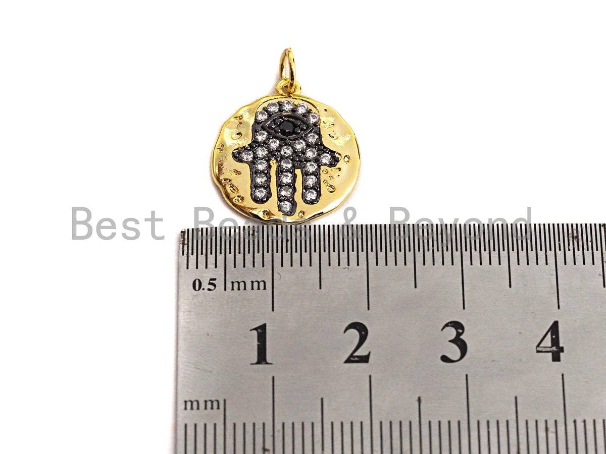 Dual Color CZ Micro Pave Hamsa Hand Hammered Gold Coin Charm,Hamsa Hand Cubic Zirconia Pendant,24K Gold Tone,16x18mm,Sku#Z443