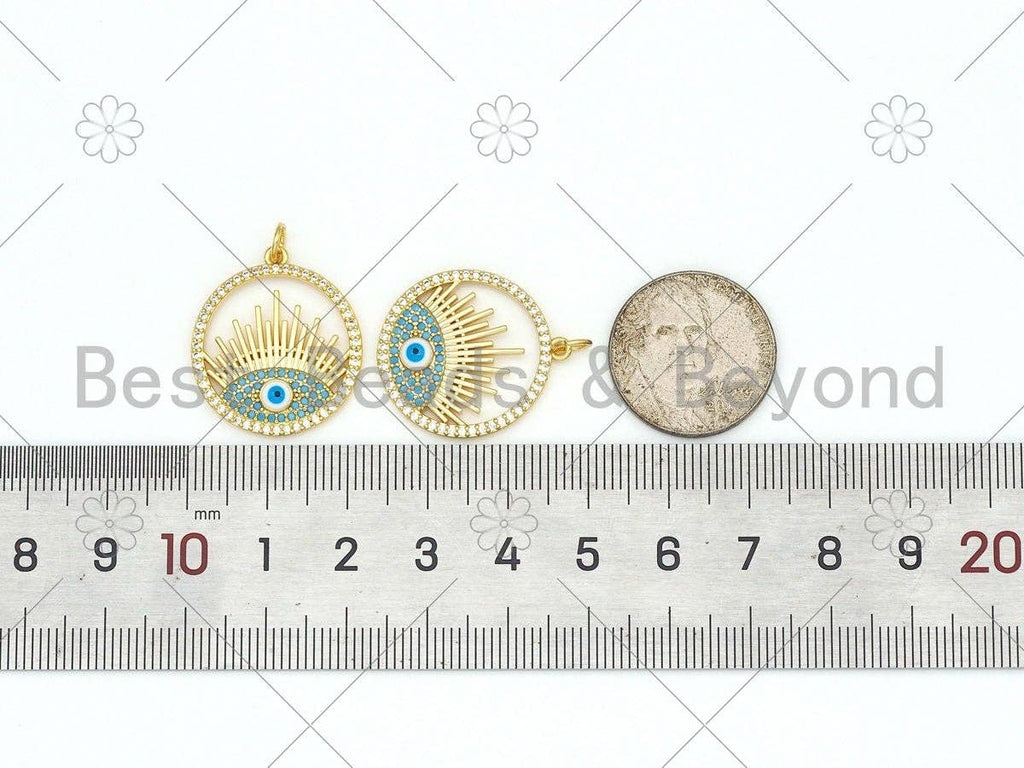 Turquoise CZ Micro Pave Evil Eye On Round Ring Shape Pendant,18K Gold Filled Evil Eye Charm, Necklace Bracelet Charm, 21x24mm,Sku#Y507
