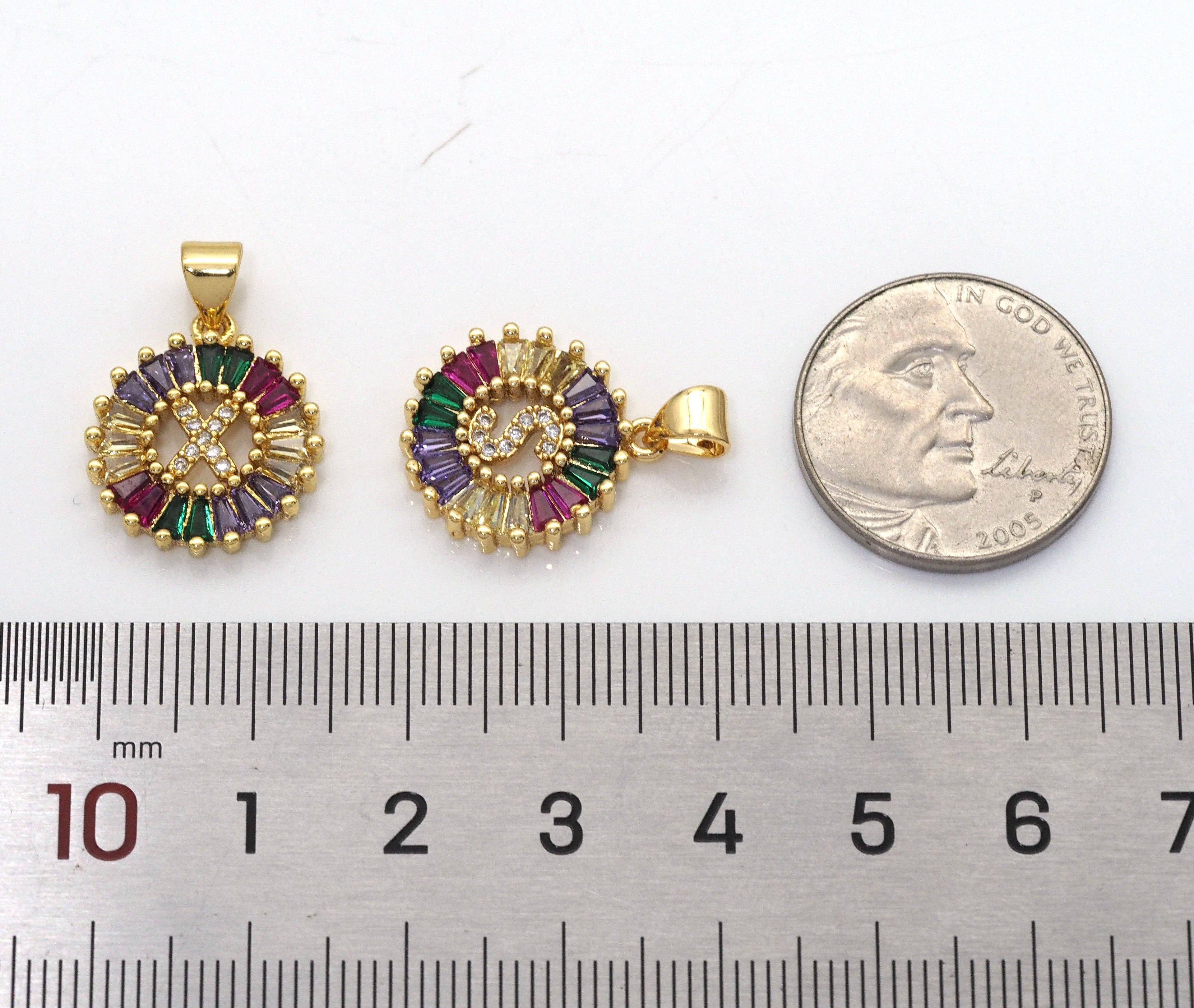 Colorful Baguette CZ initial Letters Round Charm, Sku#JL174
