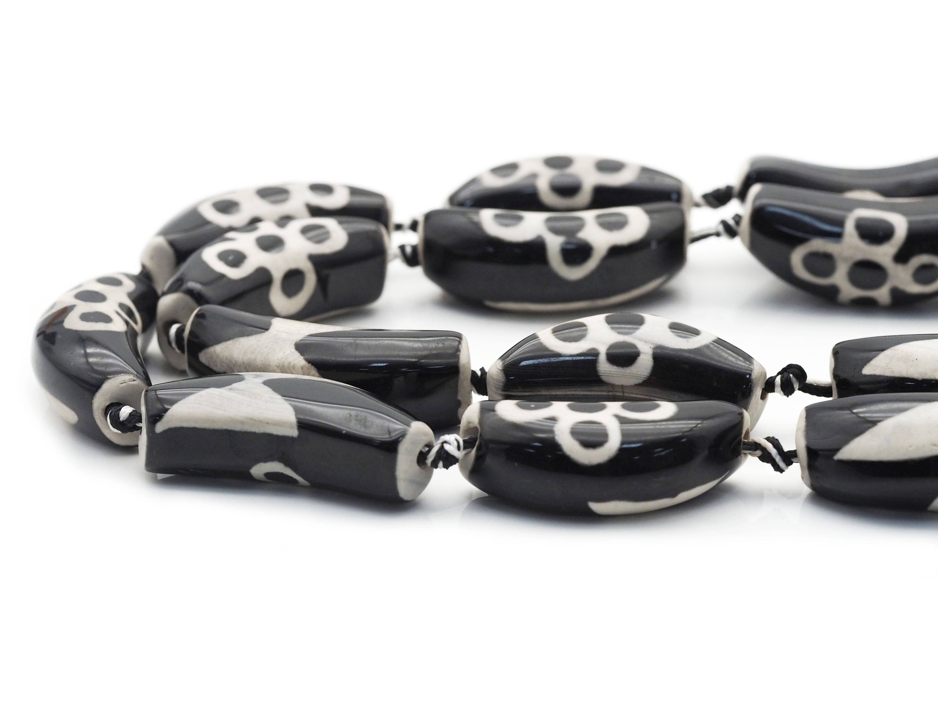Natural Black White Flower Tibetan Agate Spacer Beads, 40x17mm, Sku#U1402