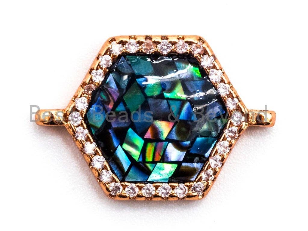 CZ Micro Pave Abalone Hexagon Shape Connector, Cubic Zirconia Space Connector, Abalone Shell CZ Charm,  14x20mm, 1pc/2pcs,SKU#E352